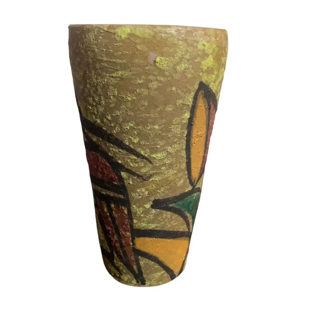 Vintage MCM Italian Art Pottery Vase Volcanic Glaze Bird Floral Hand Painted